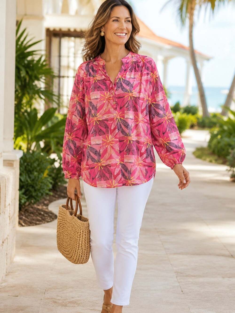 Lilly Pulitzer Pink Floral Cotton Popover Tunic Blouse Top Size Small
